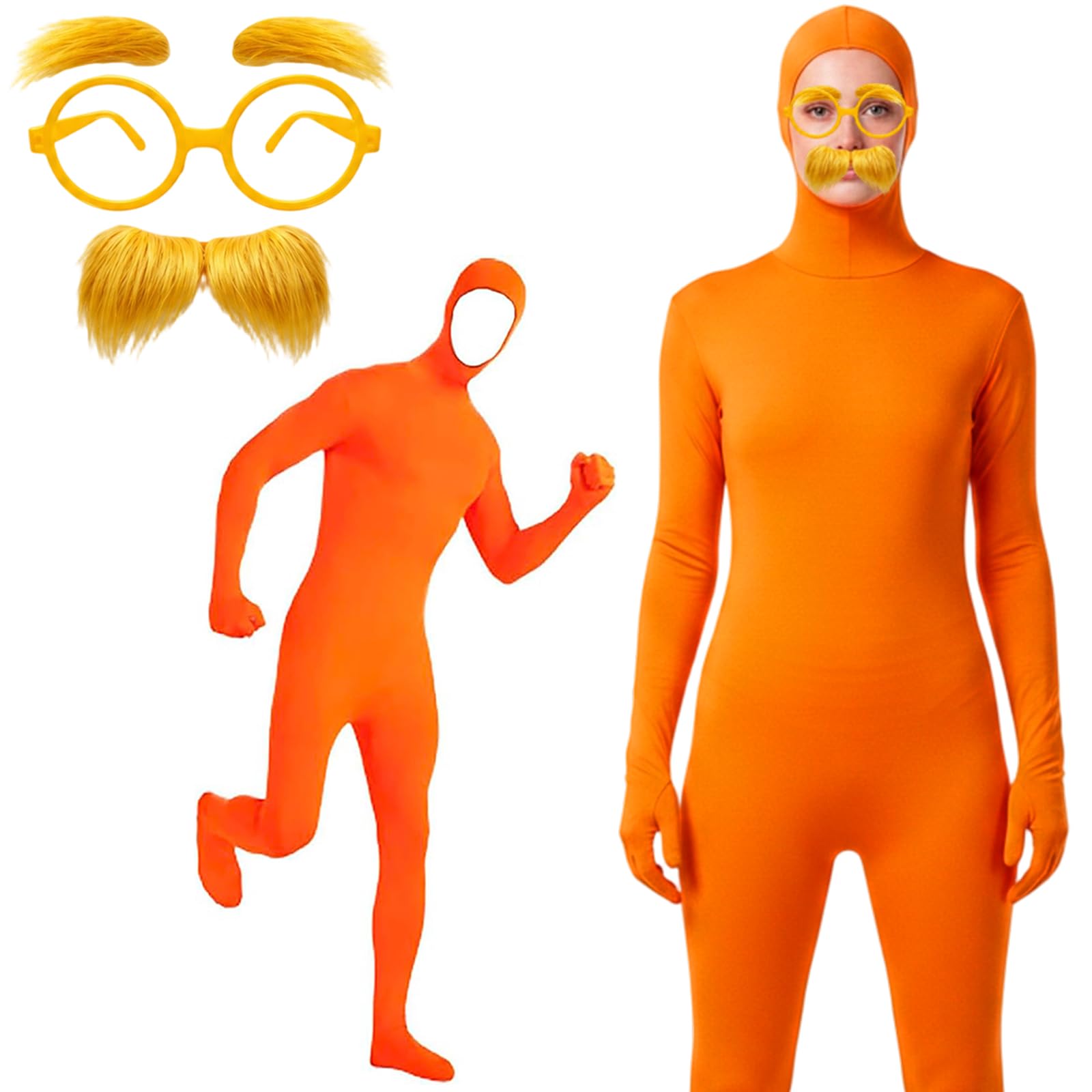 Orange Jumpsuit, Halloween Costumes, 3 PCS Orange Costume with 1 Orange Body Suit + 1 Round Glasses + 1 Yellow Mustache and Eyebrows, for Attending Halloweens & Parties Use by Those Aged 15+ (180)