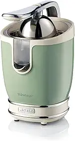 Ariete Espremedor de frutas cítricas elétrico com design vintage e alavanca de pressão, corpo de metal, 2 cones para frutas grandes e pequenas e bico de gotejamento 413/04 verde