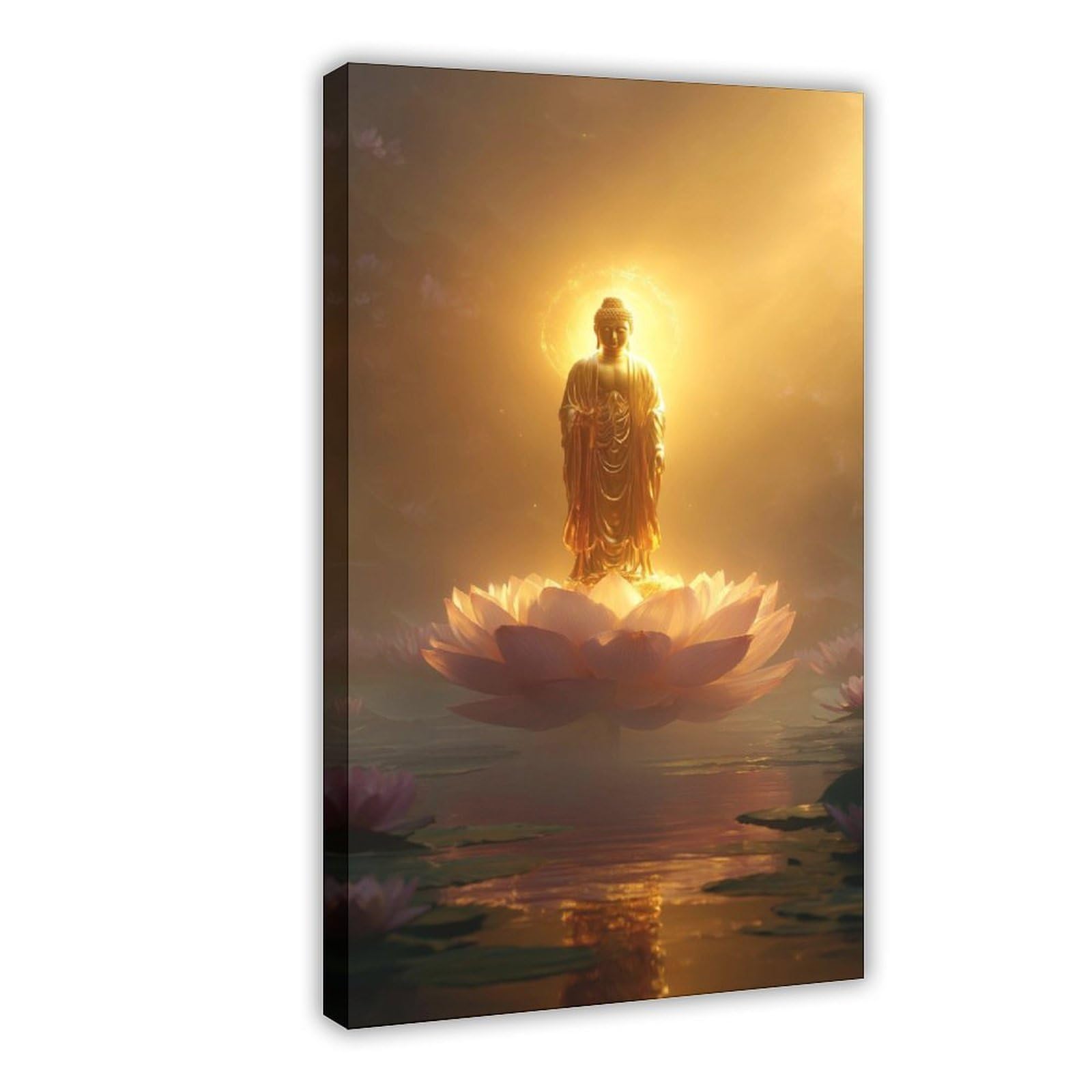 Qnvjqkdsi Frame Illuminated Buddha Statue On Lotus Flower, Golden Meditation Canvas Poster Bedroom Decor Landscape Office Room Decor Gift 24" L X 36" W