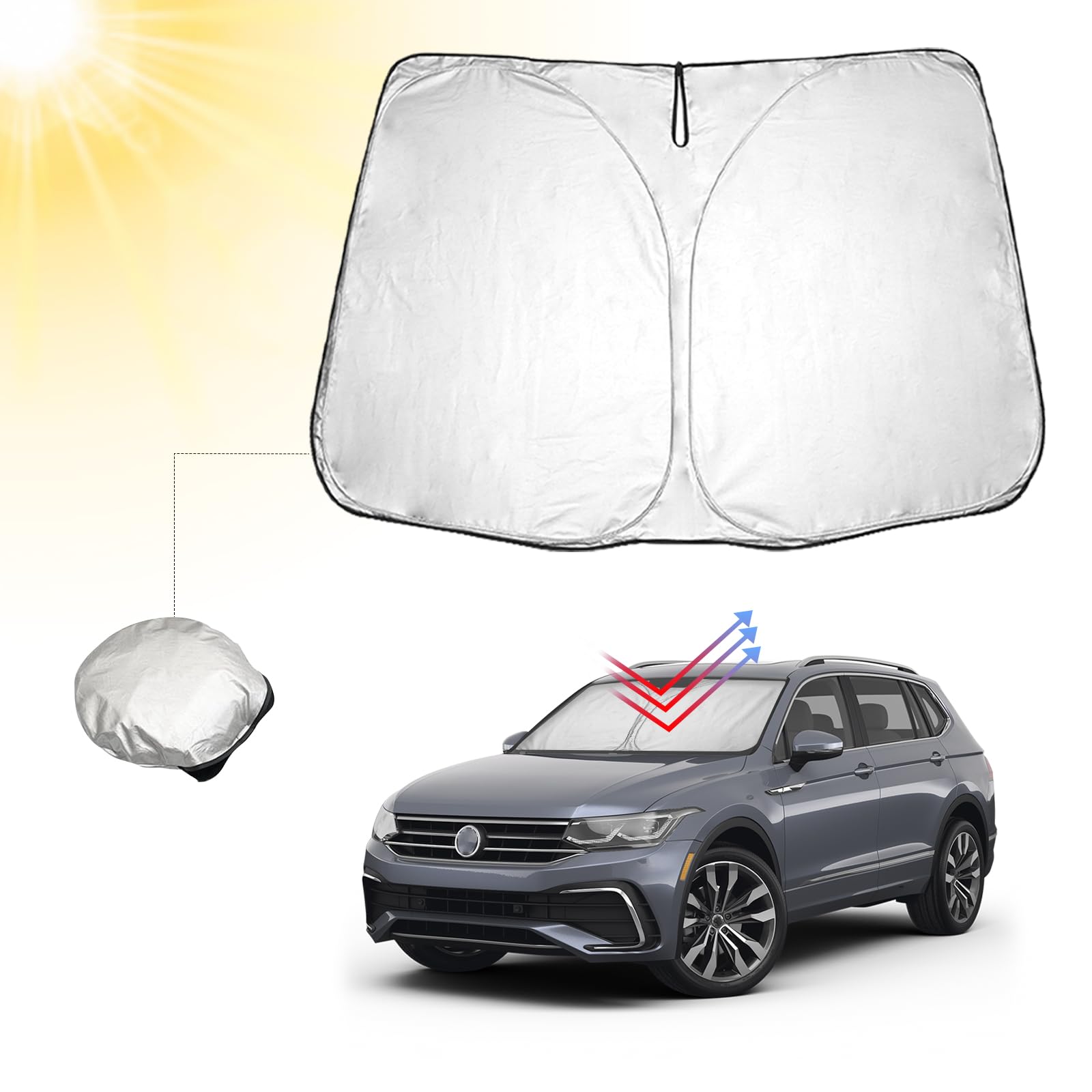 BIBIBO Osłona na przednią szybę Tiguan Allspace, osłona samochodowa kompatybilna z VW Tiguan Allspace SWB LWB 2016-2024, składana osłona samochodowa na przednią szybę, osłona przeciwsłoneczna przeciw