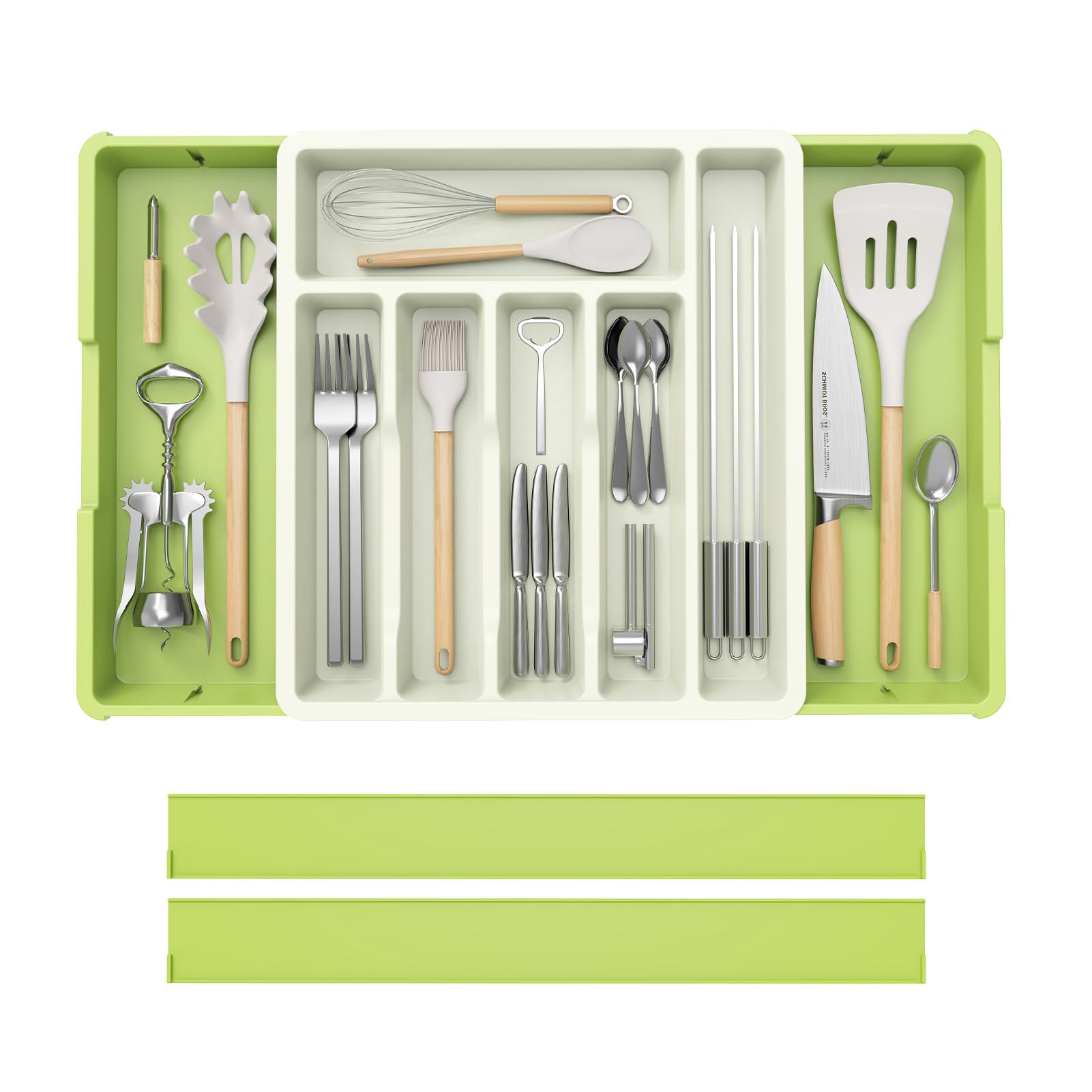 iDavosic.lySilverware Drawer Organizer, Expandable Utensil Tray for Kitchen, Large Adjustable Plastic Cutlery Flatware Holder for Knife Fork Spoon with 8-10 Compartments, Green White
