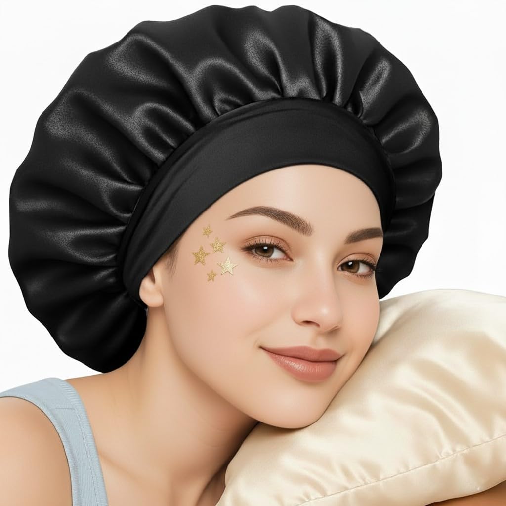 Atrube's Silk Satin Hair Bonnet Reversible Sleep Cap with adjustable tie band with Shower Cap, Reusable waterproof elastic bathroom cap And Scrunchies Silk bonnet for hair (Black combo)-picture-29