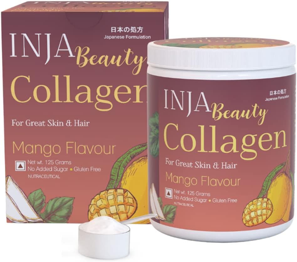 INJAWellness Beauty Marine Collagen Supplement For Women, Men, Vitamin C Collagen With Japanese Formulation, Healthy Joints, Muscles, Skin & Hair, Sugar & Gluten Free, Mango Flavor, 125Gm - Powder
