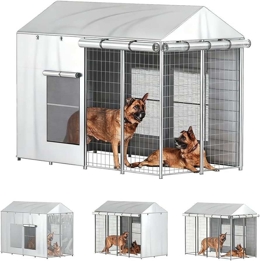 Outdoor Dog Kennel Cover - Full Coverage 600D Heavy Duty All Sides Open Dog Kennel Insulation Cover with Transparent and Breathable Mesh Window Cover Only,Silver,10×10×7FT
