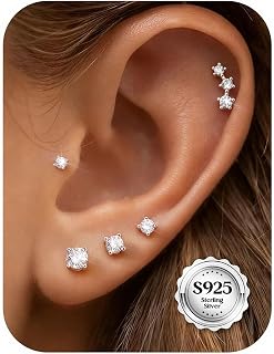 Thunaraz 14K Gold Plated Hypoallergenic 925 Sterling Silver Small Stud Earrings Set - 5 Pairs Tiny Dainty Stack for Women Cartilage Tragus