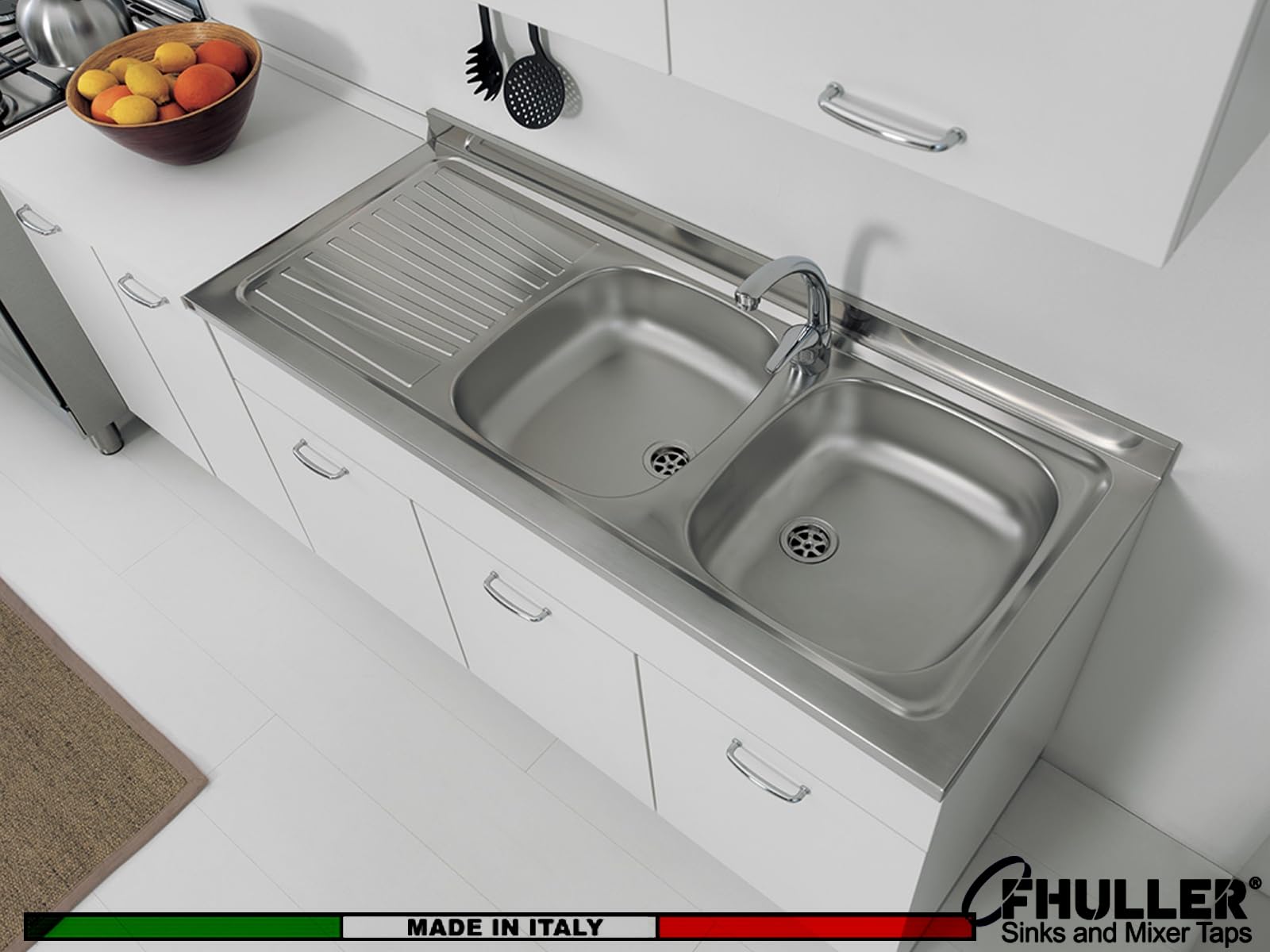 Lavello FHULLER Monostampo Da Appoggio 120X50 In Acciaio Inox AISI 304 Con Due Vasche a DESTRA e Gocciolatoio a SINISTRA Per Sottolavello da 120 Cucina Componibile Modello Pisa PI1202MLPC
