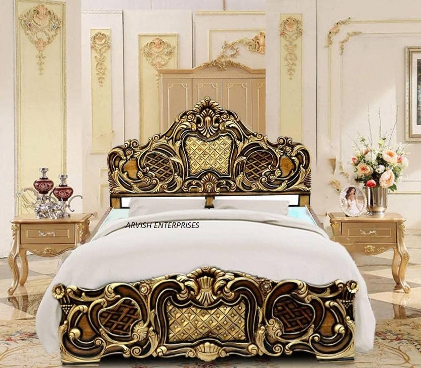 Teakwood Hand Carved King Size Bed Luxury Carving Work Maharaja Bed | Beautiful interiors Antique Style Luxury Bed for Royal Bedroom & Hotels| Victorian Style Bedroom Furniture (Golden Brown)-image-0