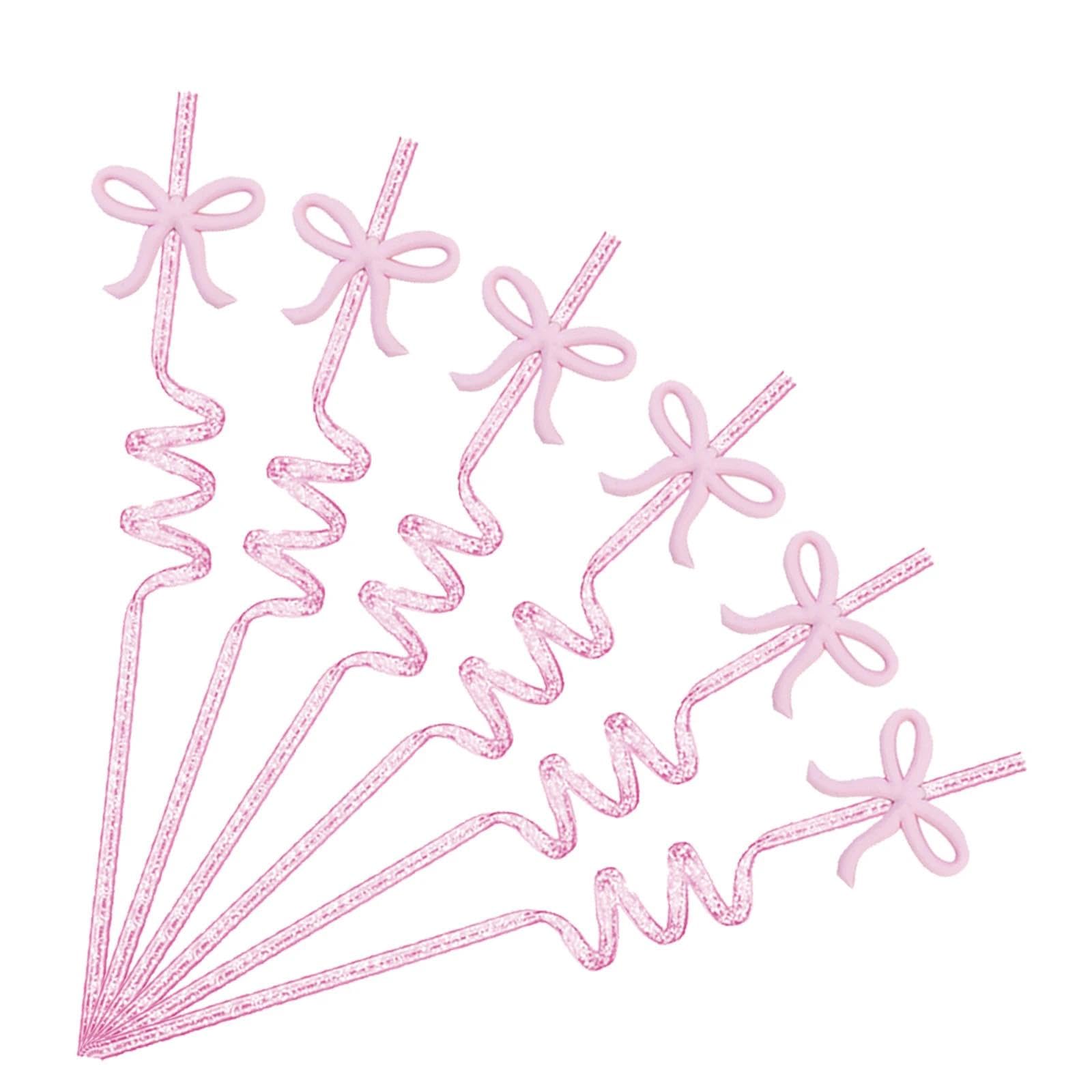6PCS Pink Bow Curly Straws, Pink Bow Glitter Party Straws, Elegant Plastic Straws Reusable for Adults Birthday Party Family Reunion Decorations Supplies