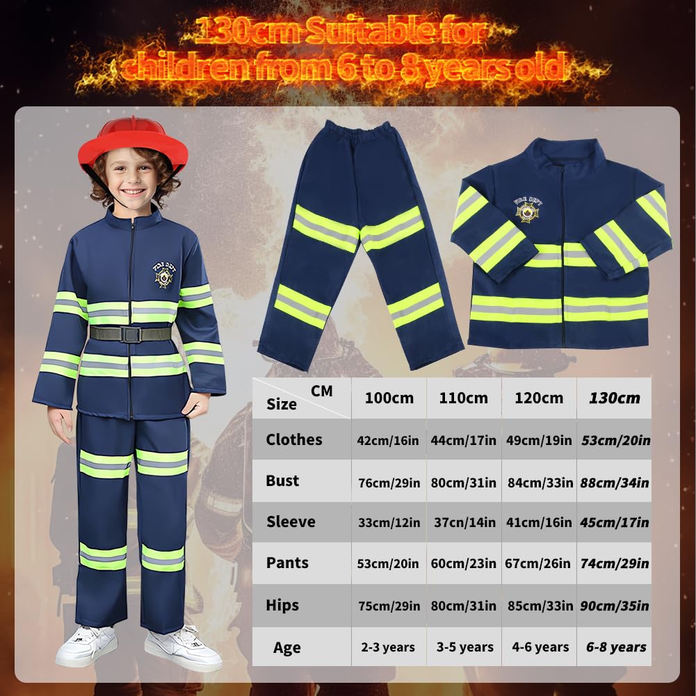 Costume da Pompiere per Bambini, 13pcs Giochi di Ruolo per Bambini Costumi di Halloween, Giocattolo per Bambini dai 6 - 8 Anni per Feste in Maschera, Esercitazioni Antincendio, Scuola e Casa (130 cm)