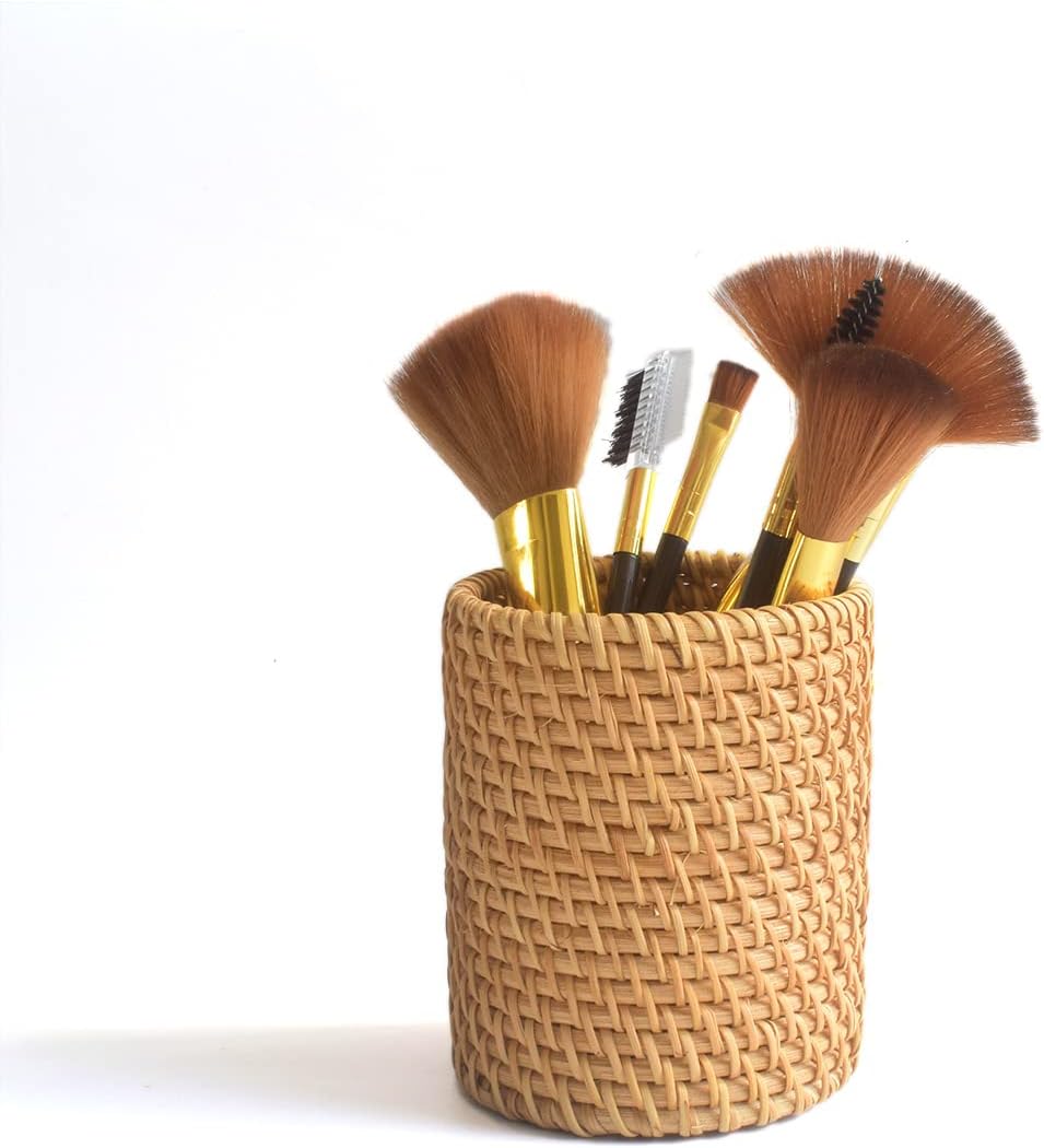 BestimeX Wicker Makeup Brush Holder,Natural Rattan Makeup
