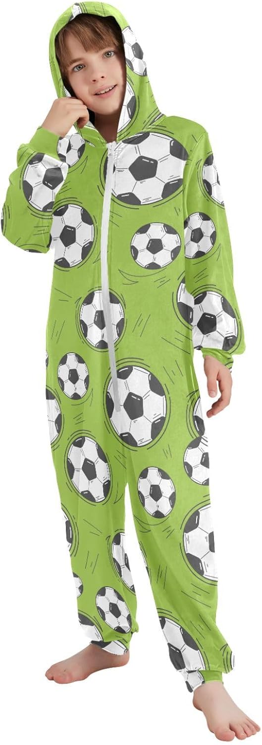 VIGTRO Onesie Jumpsuits Pajamas One-Piece Sleepwear Soccer Balls Bright Green Background Printed, Zip Up Hooded Pajamas with Pockets Size 13-14Y