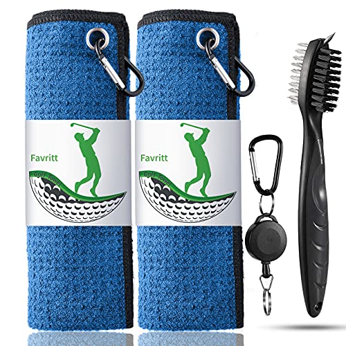 Favritt Golf Towel for Golf Bag with Clip and Accessories Set |2 Golf Towels | Golf Cleaning Brush |Golf Gifts for Menï¼ŒWomen, Children
