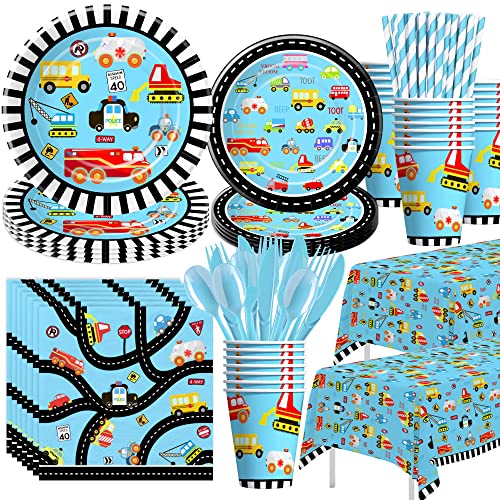 Xigejob Traffic Jam Cars Trucks Transportation Birthday Party Supplies Dinnerware,