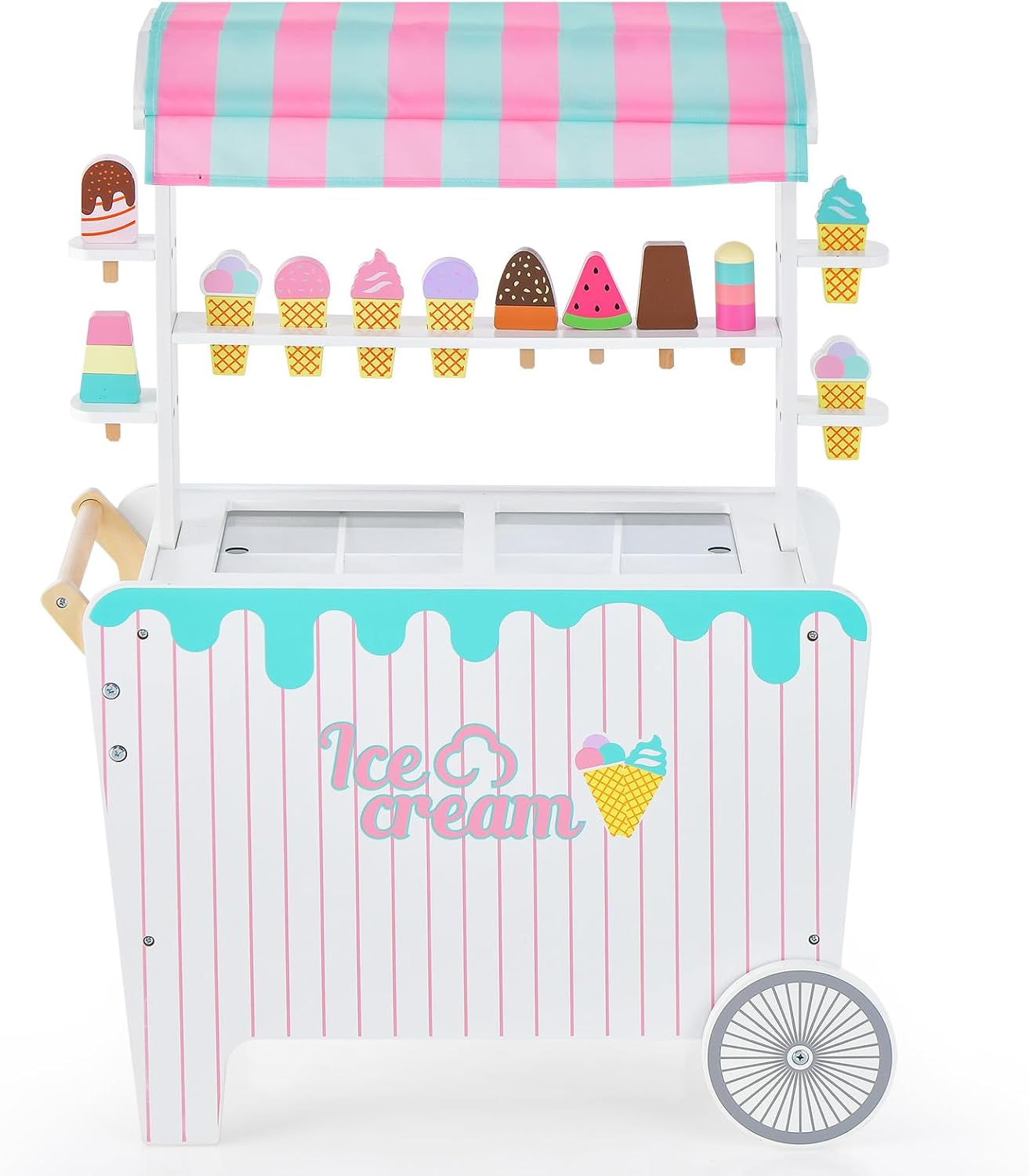 Costzon Wooden Ice Cream Cart for Kids, Pretend Play Food