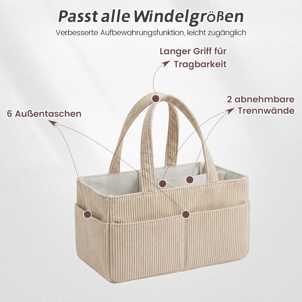 Generisch kosz do przewijania Cord beżowy, 18 x 23 x 36 cm, organizer do przewijania pieluch, chusteczek nawilżanych i artykułów dla niemowląt, idealny prezent dla dziecka, kosz do