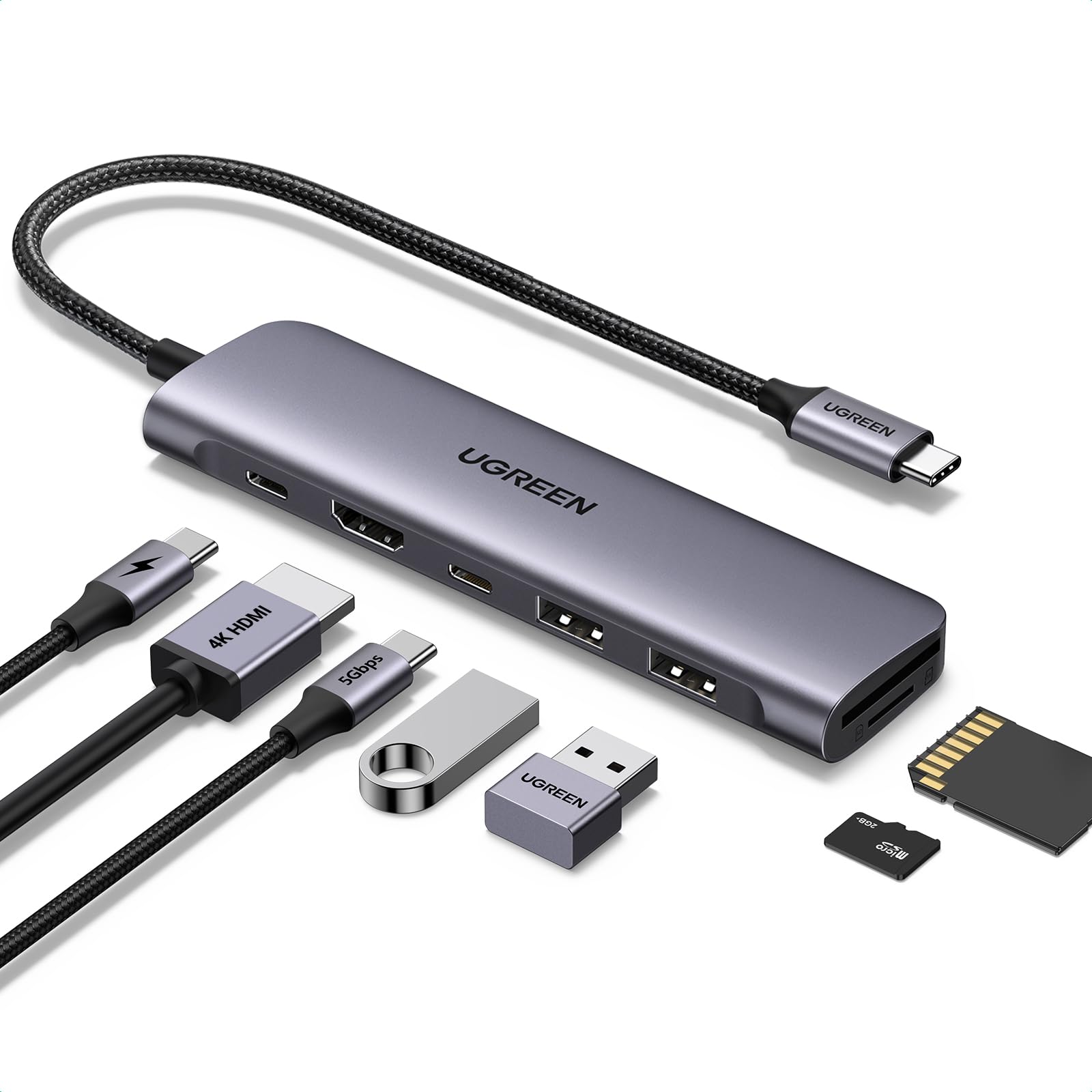 Ugreen Revodok 7 In 1 Usb-C Hub With 4K Hdmi 100W Power Delivery Usb-C & 2 Usb-A 5Gbps Data Ports Sdtf Card Reader Usb C Dongle For Macbook Proair