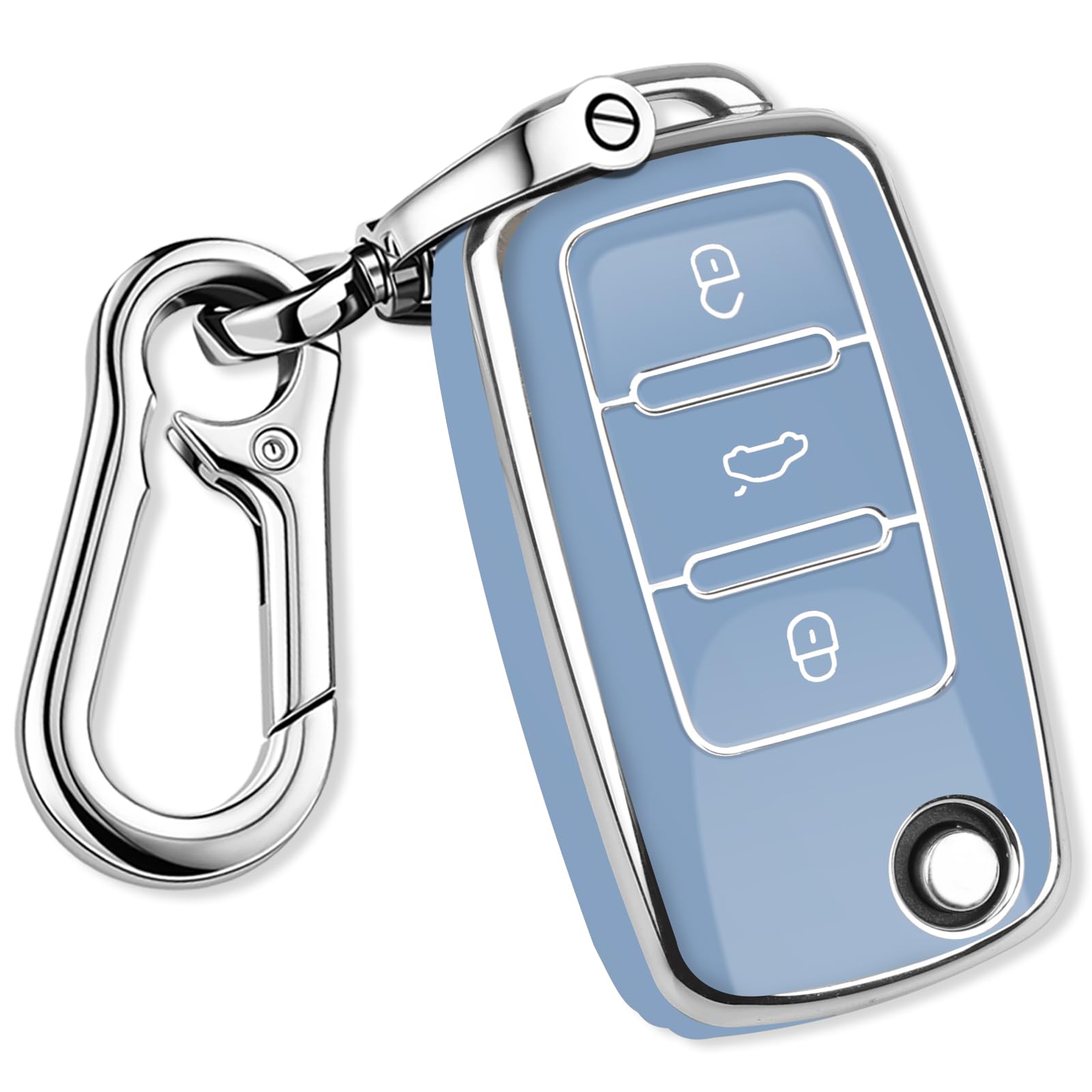 QBUC for VW Key Fob Cover with Keychain Silver Trim Soft TPU Compatible with Volkswagen Jetta Beetle Santana Scirocco Eos Tiguan Touran Polo MK5 Passat Golf GTI MK6(Blue)