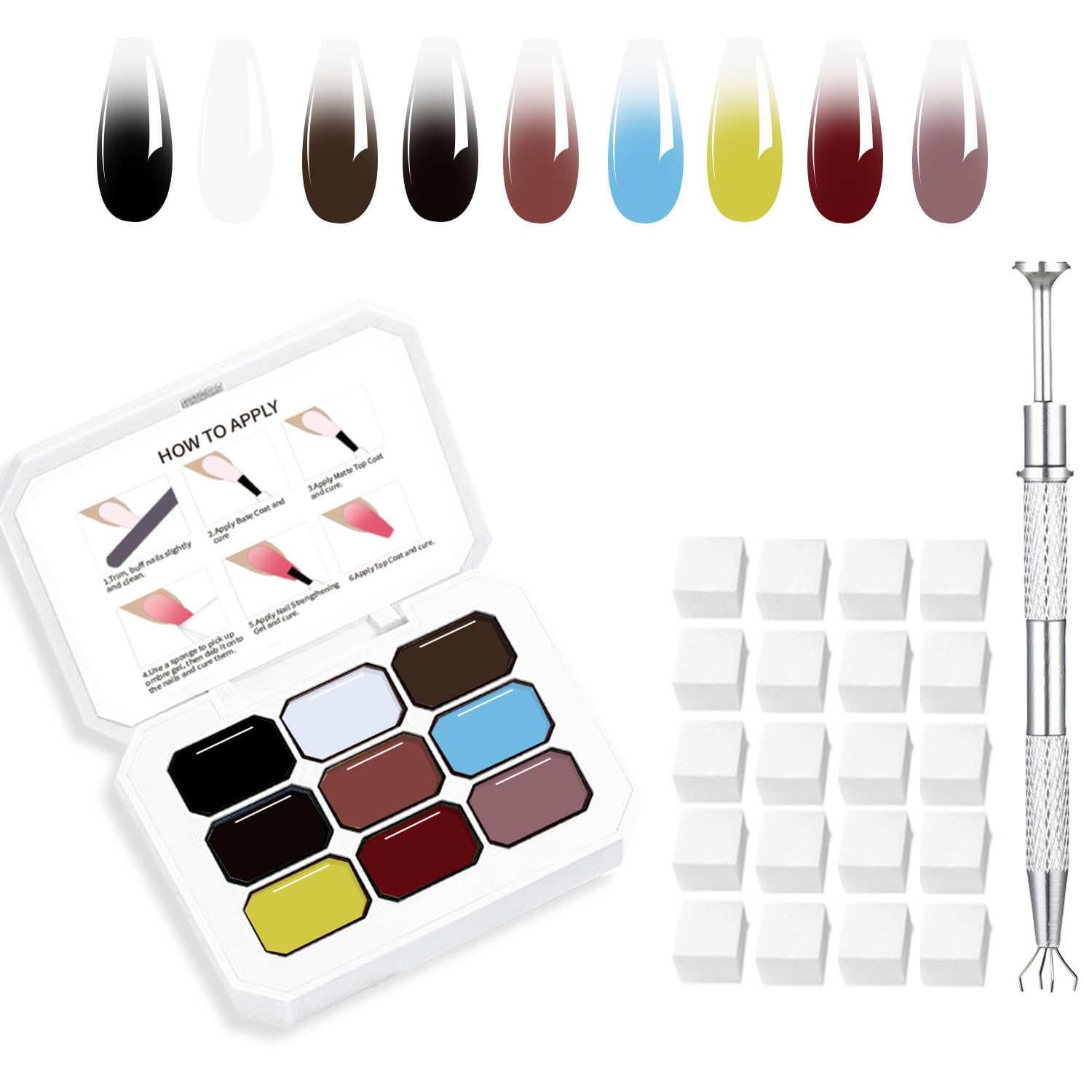 SMSMYXF Finger Secret 9 Colors Set Ombre Gel Nail Polish,Pat Painting Gradient Blooming Ombre Pigment Palette for Nail with 20Pcs Nail Sponges for 3d