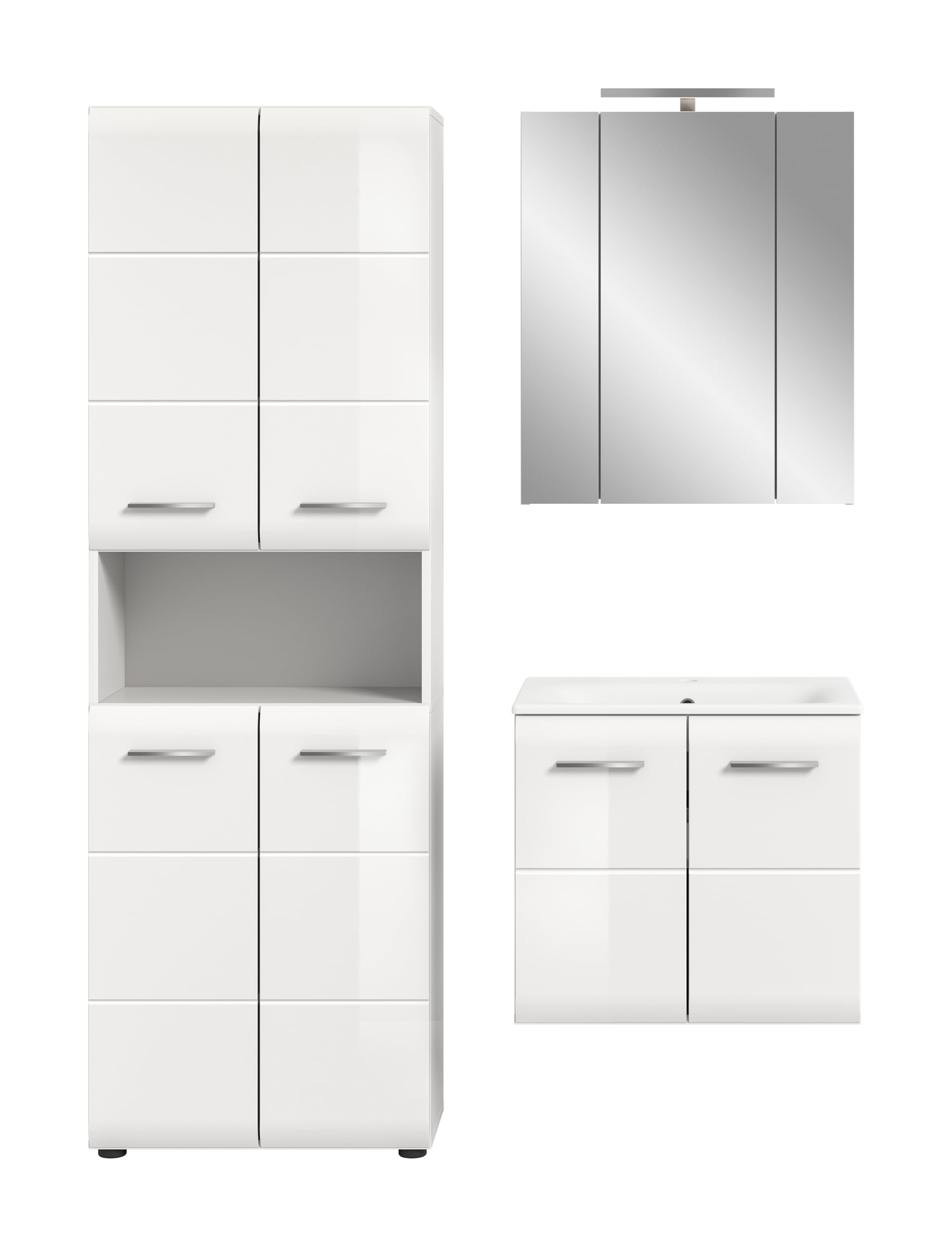 xonox.home – 3 TLG. Badkombination Ice 135x185x46 cm in Korpus weiß Nachbildung und Front weiß Hochglanz – Moderne Badezimmermöbel Kombination – stilvoll – Bild 2