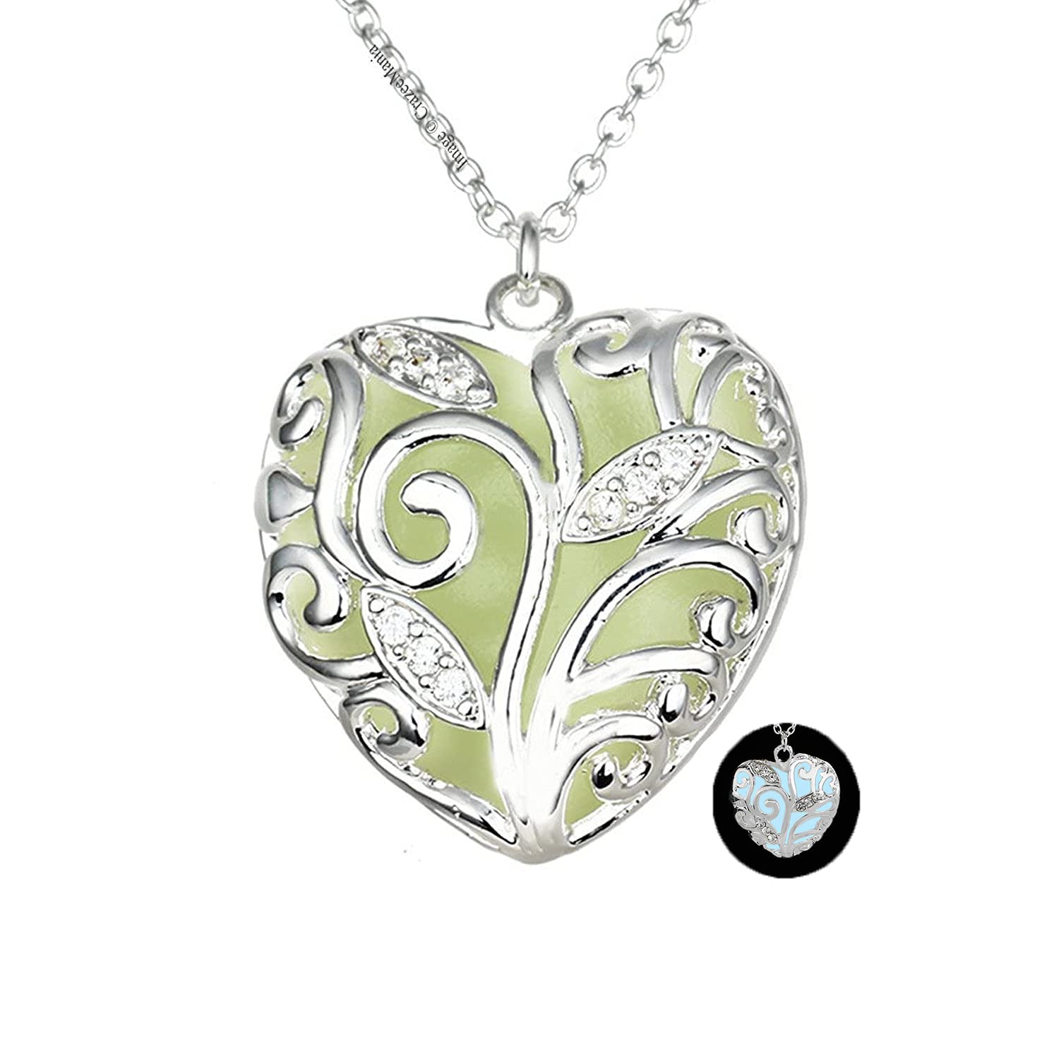 rvm jewels Blue Crystal Open Heart Glow in Dark with Leaf Design Silver Pendant Necklace for Girls and Woman-picture-2