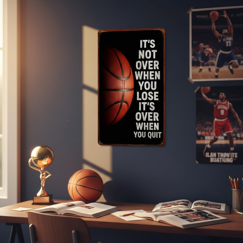 Basketball Metal Sign " It's Not Over When You Lose It's Over When You Quit" 8x12"