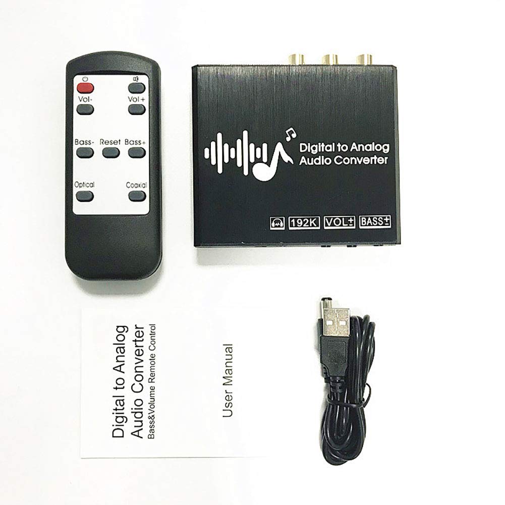 Decodificatore Audio, convertitore Audio Digitale, regolatore Bassi DAC 192kHz, con Adattatore Segnale Audio remoto, Ottico, coassiale, RCA, Uscita Audio 3,5 mm