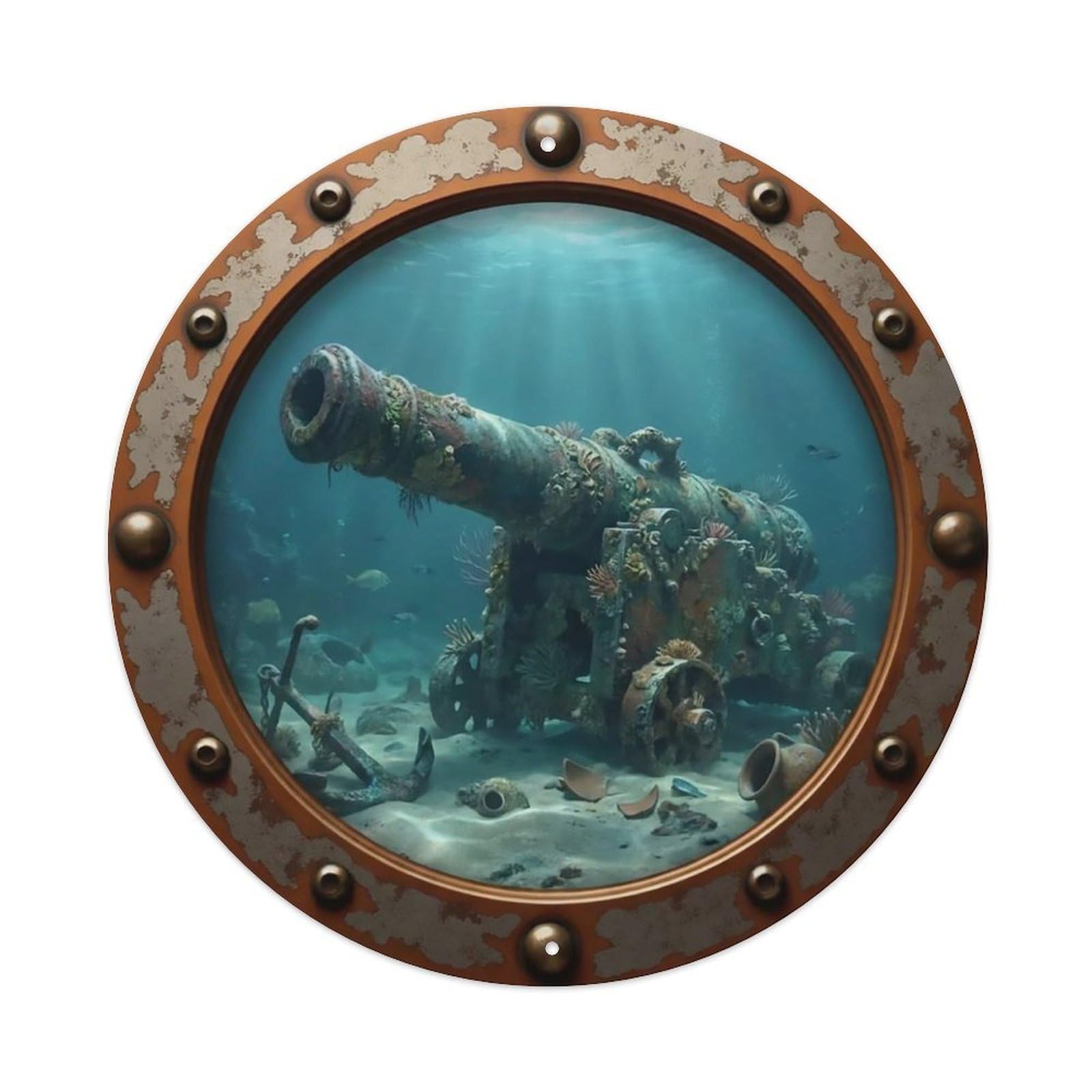 Odgynaw 8X8inch(20X20cm) Vintage Porthole Sunken Cannon Nautical Window View Metal Tin Sign
