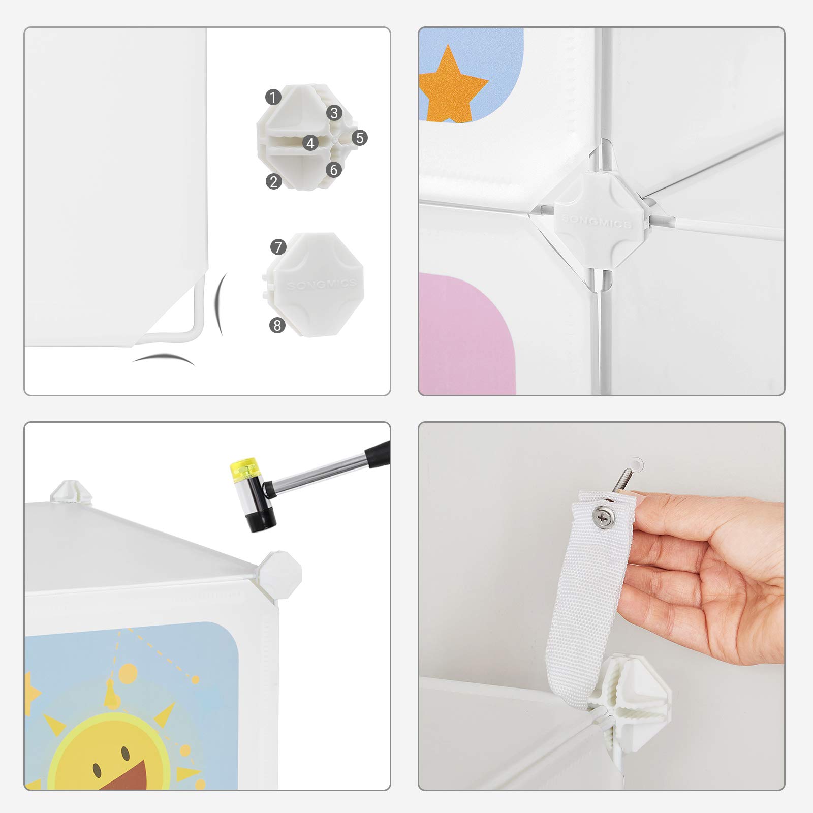 SONGMICS Kleiderschrank, DIY-Aufbewahrungsschrank, für hängende Kleidung, Aufbewahrung, für Kinder, mit 16 Würfeln, 4 Hängestangen, 123 x 41 x 123 cm, weiß LPC905W01
