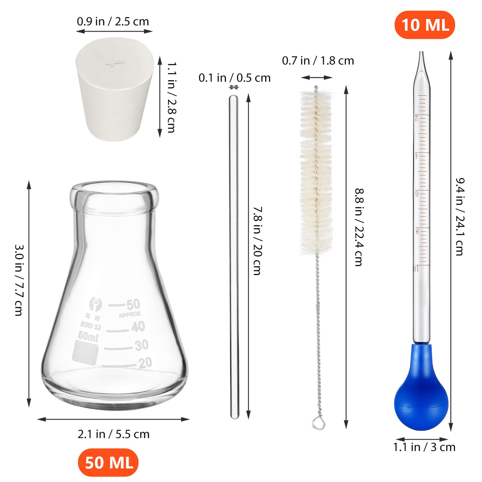 Beuta Erlenmeyer con Scala 50 Ml in Vetro, Set 1 Pezzo | Pipetta 10 Ml e Bacchetta di Agitazione, Base Tonda Stabile, Spazzola per Pulizia Inclusa