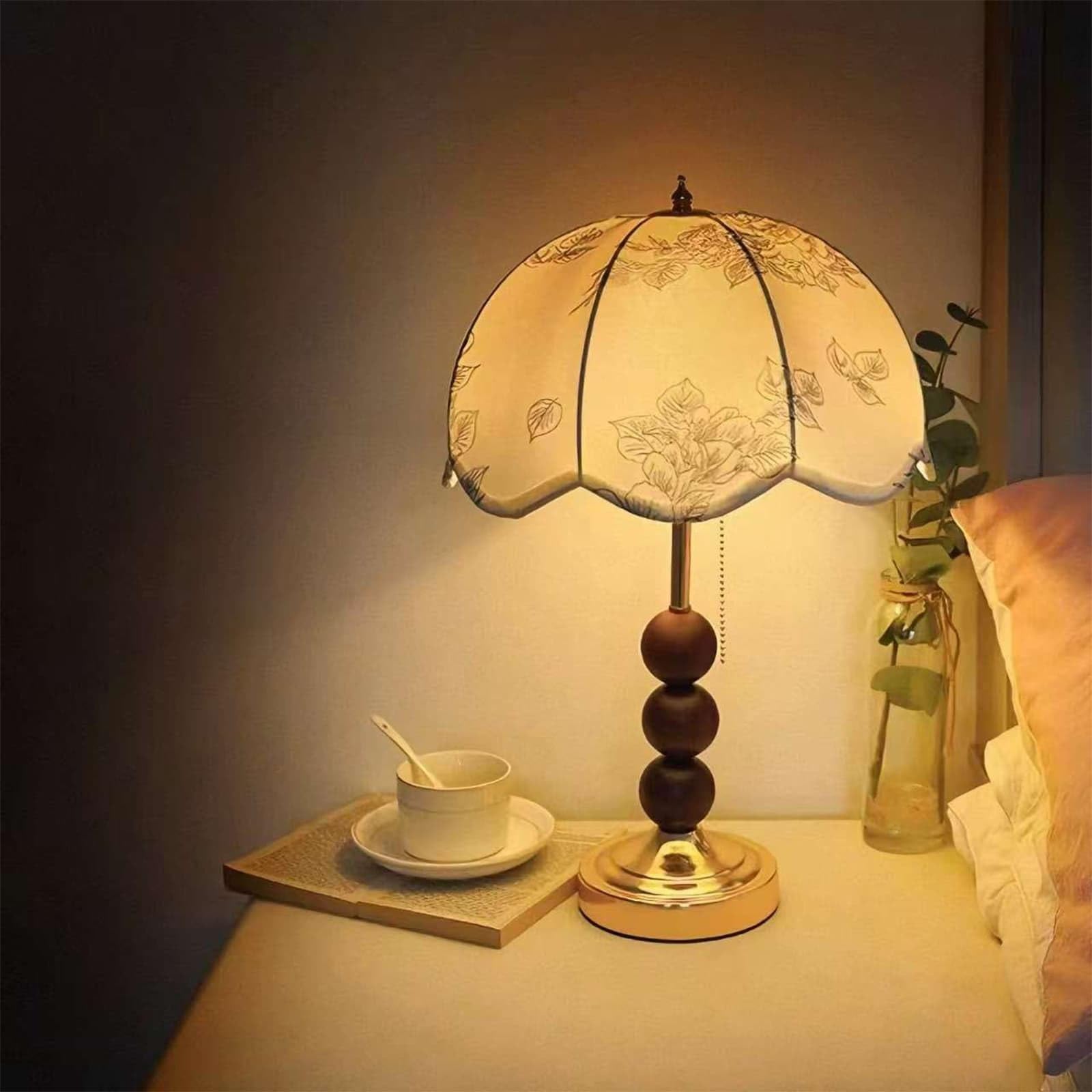 Biurko z tkaniny w stylu vintage z drewnianymi koralikami w kwiatowym odcieniu - lampka nocna, stołowa do biura Lampka do czytania do pielęgnacji oczu do sypialni, oświetlenie akcentujące