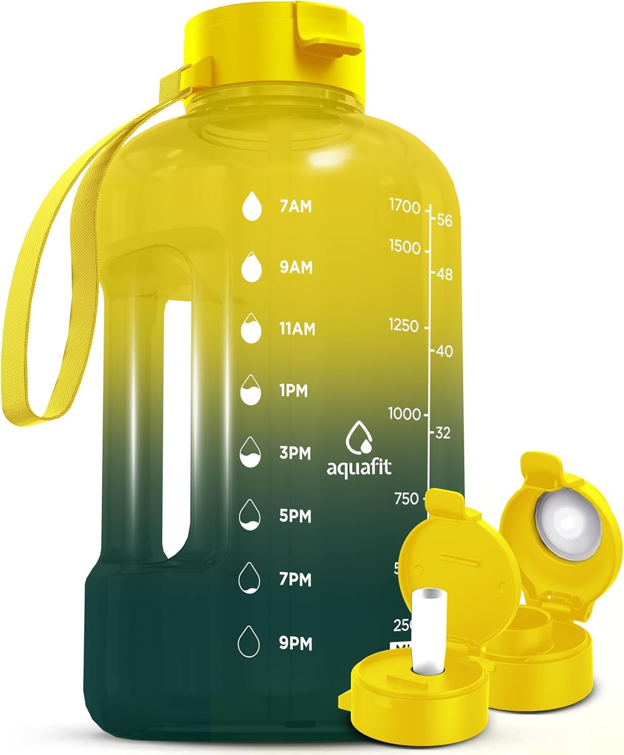 AQUAFIT 64 oz Water Bottle with Time Marker - Straw & Chug Lid - BPA Free Half Gallon Gym Water Bottle with Handle - Big Gallon Jug (Forest Fade, 64