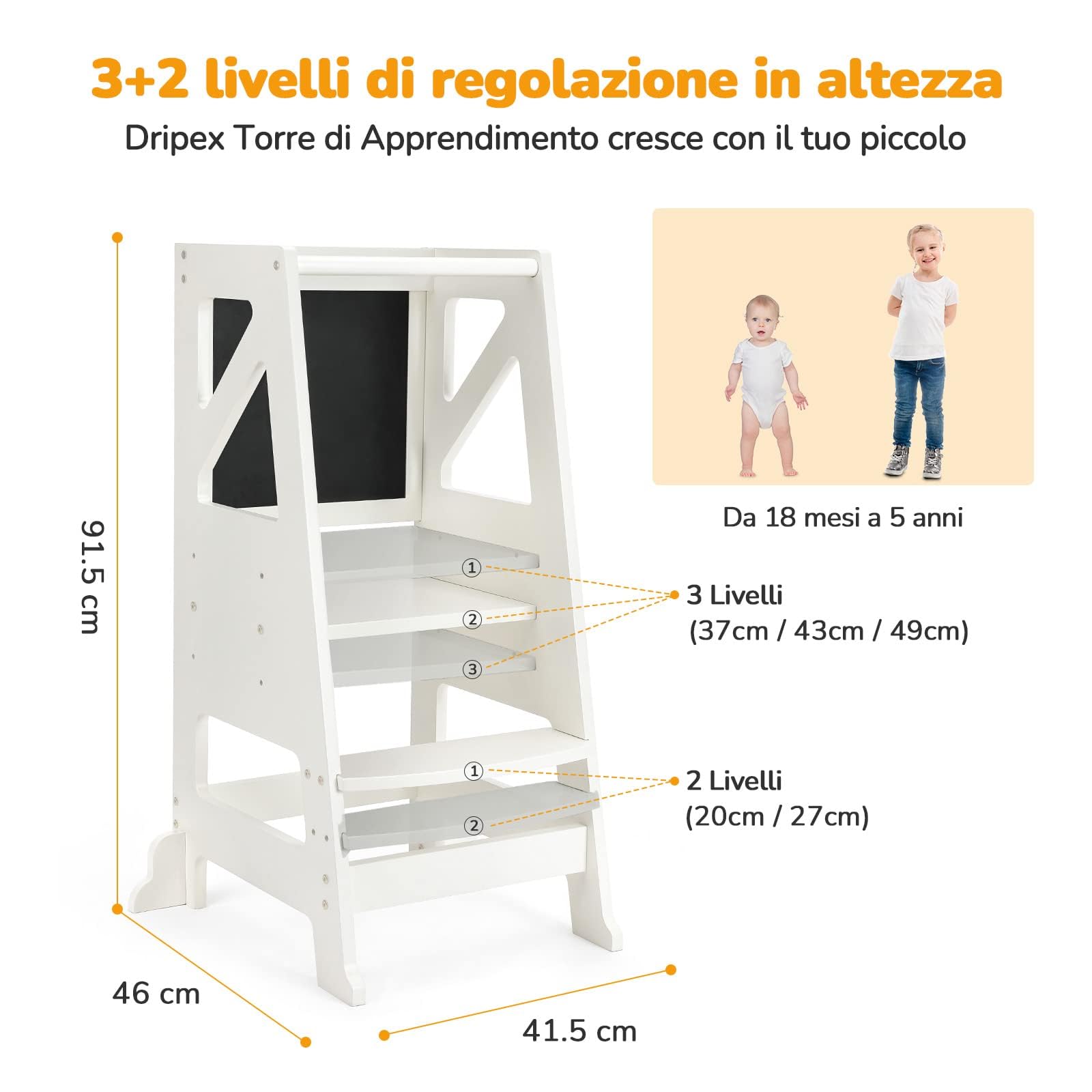 Dripex Torre di Apprendimento per Bambini, Torre Montessoriana in Legno, Learning Tower con Lavagna Magnetica Bifacciale, Regolabile, Sicurezza, Realizzato in legno di alta qualità (Bianco - Classico)