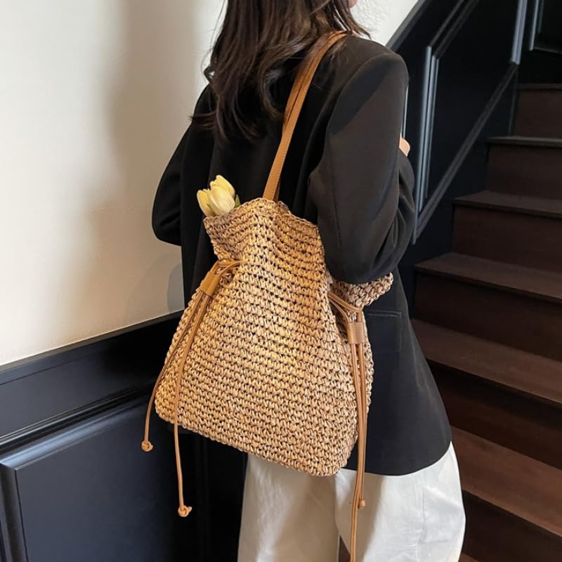 Women's Straw Woven Beach Tote Bags Boho Crochet Summer Trendy Shoulder Bags Large Bucket Handmade Tote Purse2