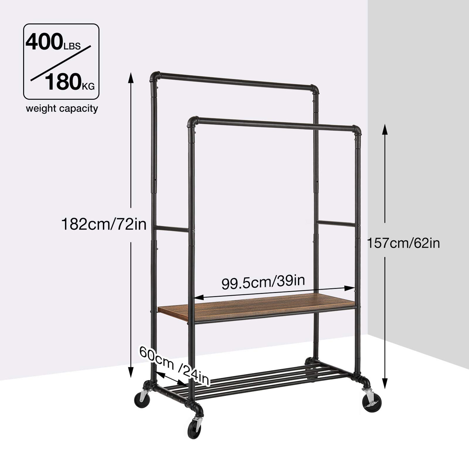 GREENSTELL Clothes Rails with Lockable Wheels and Wooden Plank
