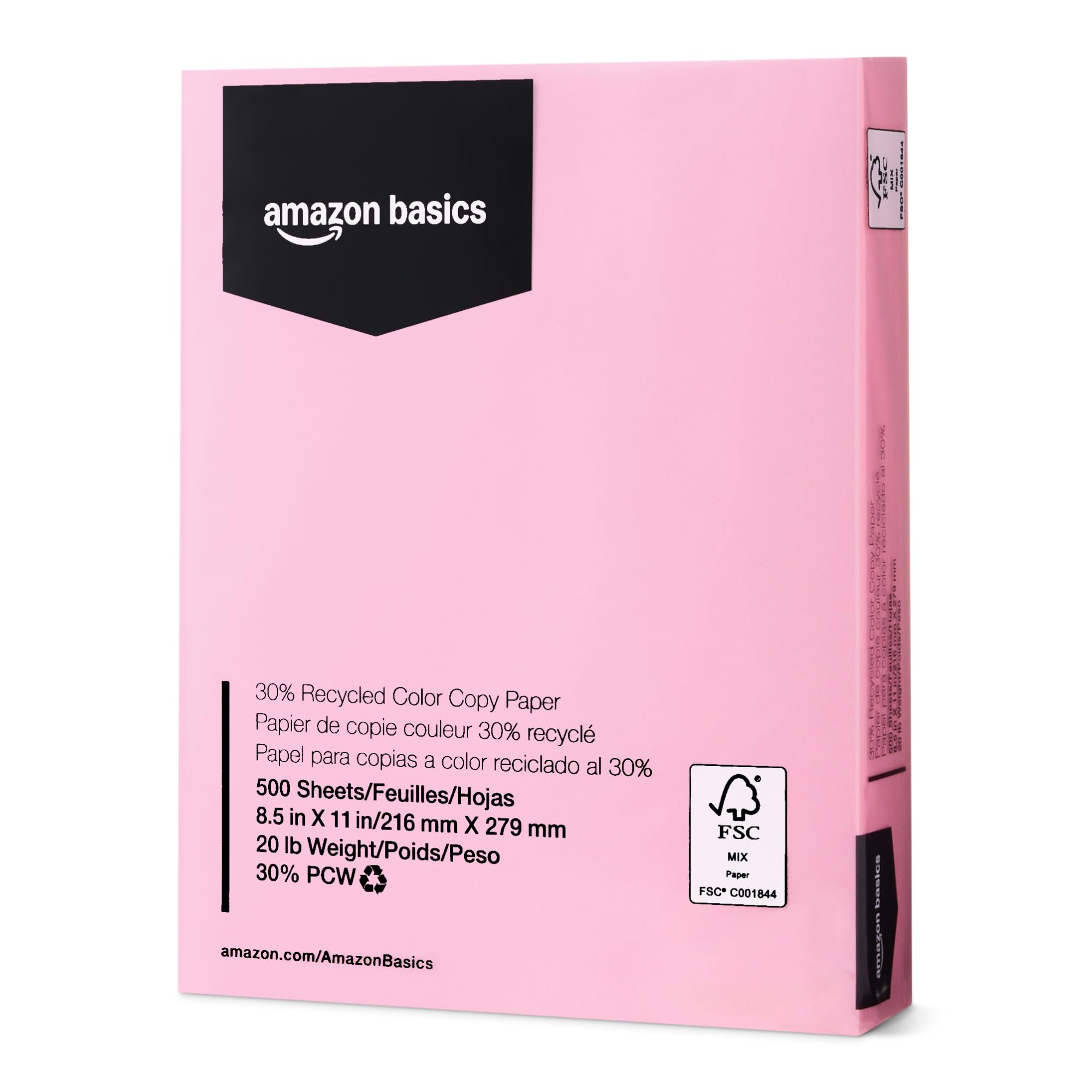 Amazon Basics 30% Recycled Color Copy Paper, 8.5" x 11", 20lb, Pastel Pink, 500 Sheets