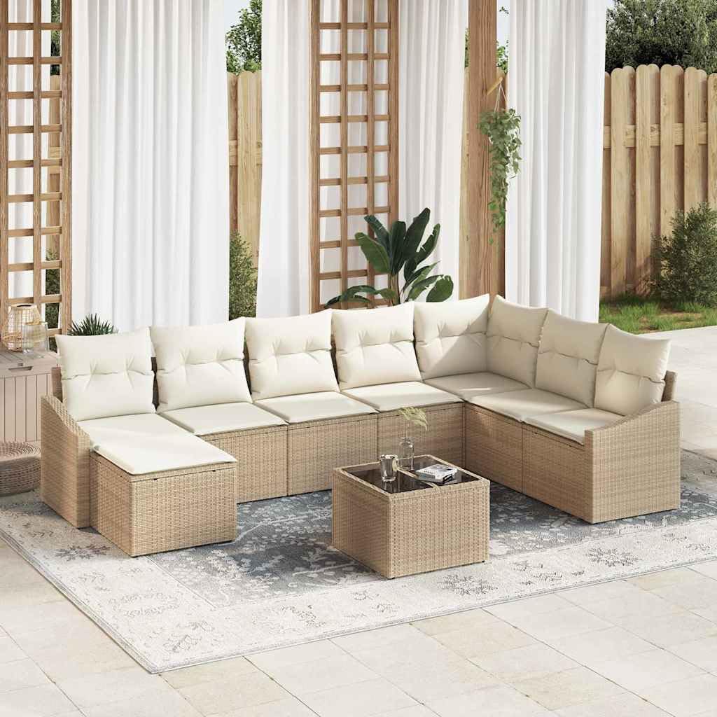 Sofa ogrodowa, 8-częściowy, beżowy/kremowy, polirattan, modułowa, odporna na warunki atmosferyczne, odporna na promieniowanie UV, z poduszkami, schowkiem, na taras i do ogrodu