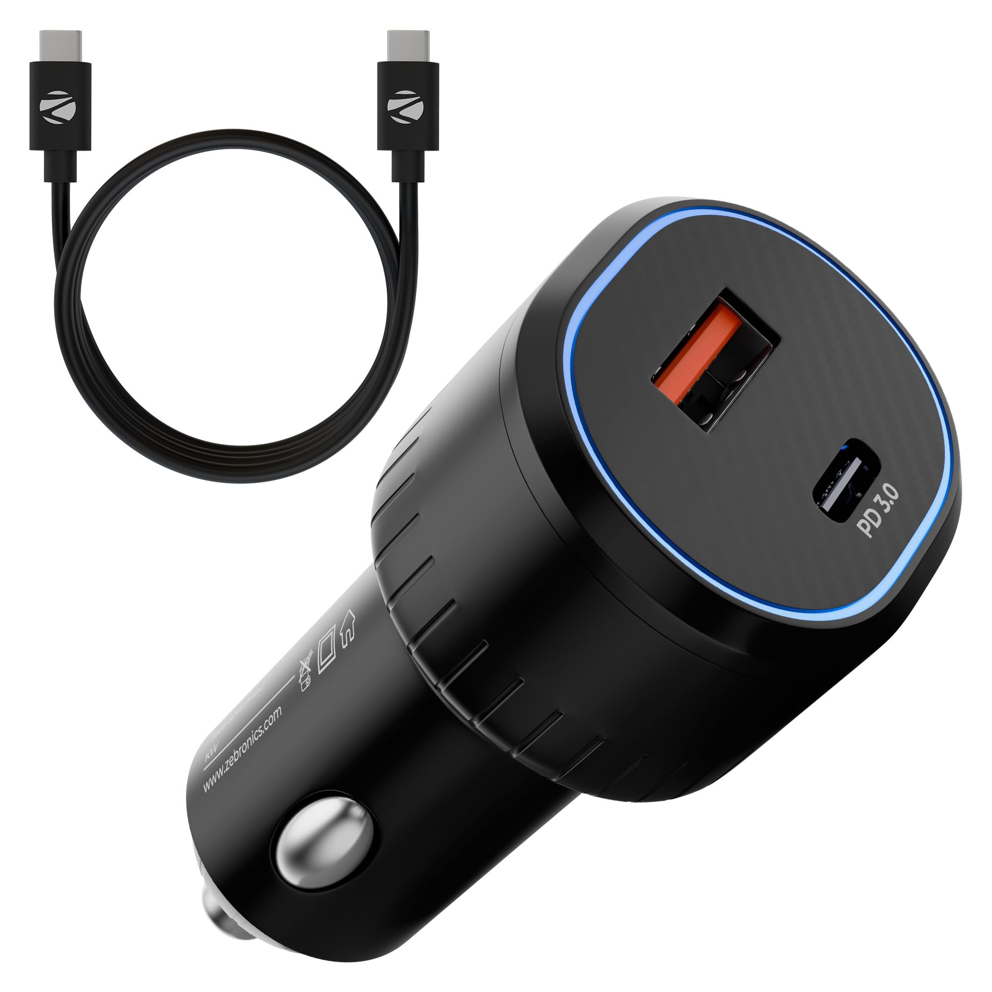 Zebronics 52 Watts Car Charger, Dual Output (USB + Type C), Included 1m Type-C to Type C Cable, Rapid Charge, Compact Design, Over Current & Short Circuit Protection, LED Indicator (CC52, Black)