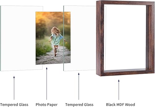 Miniatura 8 de WIFTREY Portarretratos flotantes de 5 x 7 pulgadas, 2 unidades, marco de doble vidrio envejecido de 5 x 7 pulgadas para montaje en mesa o pared,