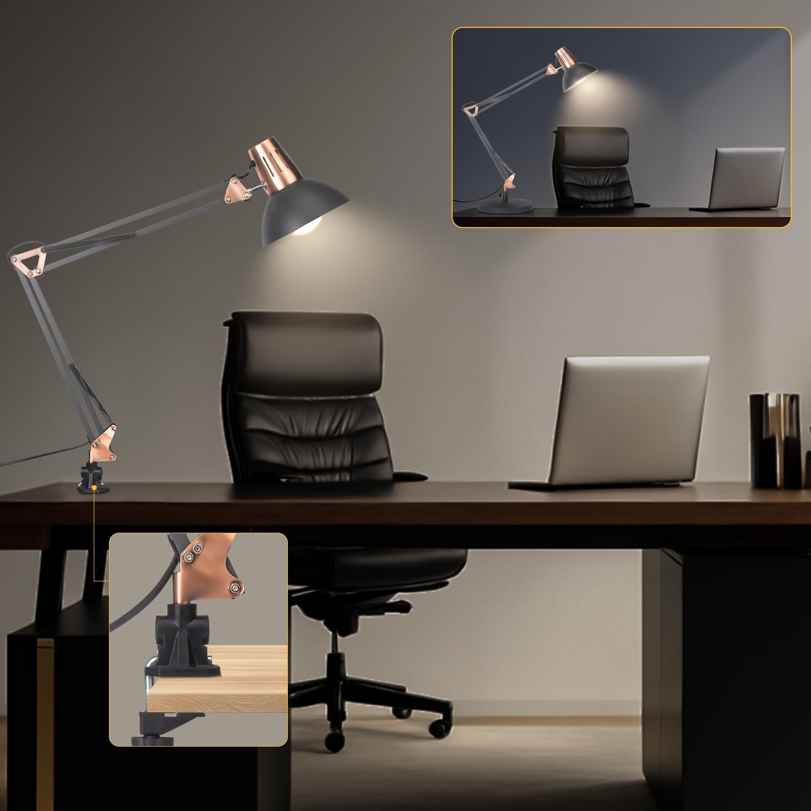FIRVRE Lampada da Tavolo Vintage con Clip, Lampada da Scrivania con Flessibile Girevole Braccio Snodato, Lampada da Comodino con Paralume Retrò e Attacco E27 per Ufficio,Studio,Piante