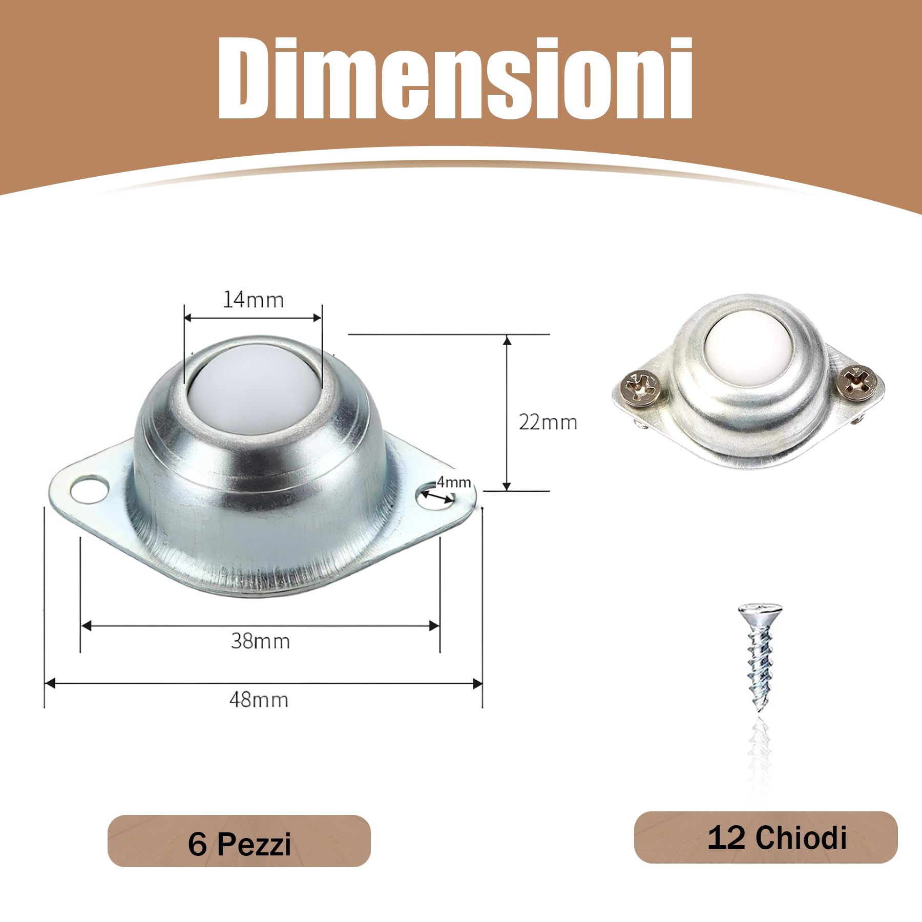 6 Pezzi Rotelle a Sfera per Mobili, Ruote di Trasferimento a 360 Gradi in Nylon, Rulli di Trasporto Silenziosi per Divani, Scaffali e Contenitori, con 12 Viti Inlcuse, Argento