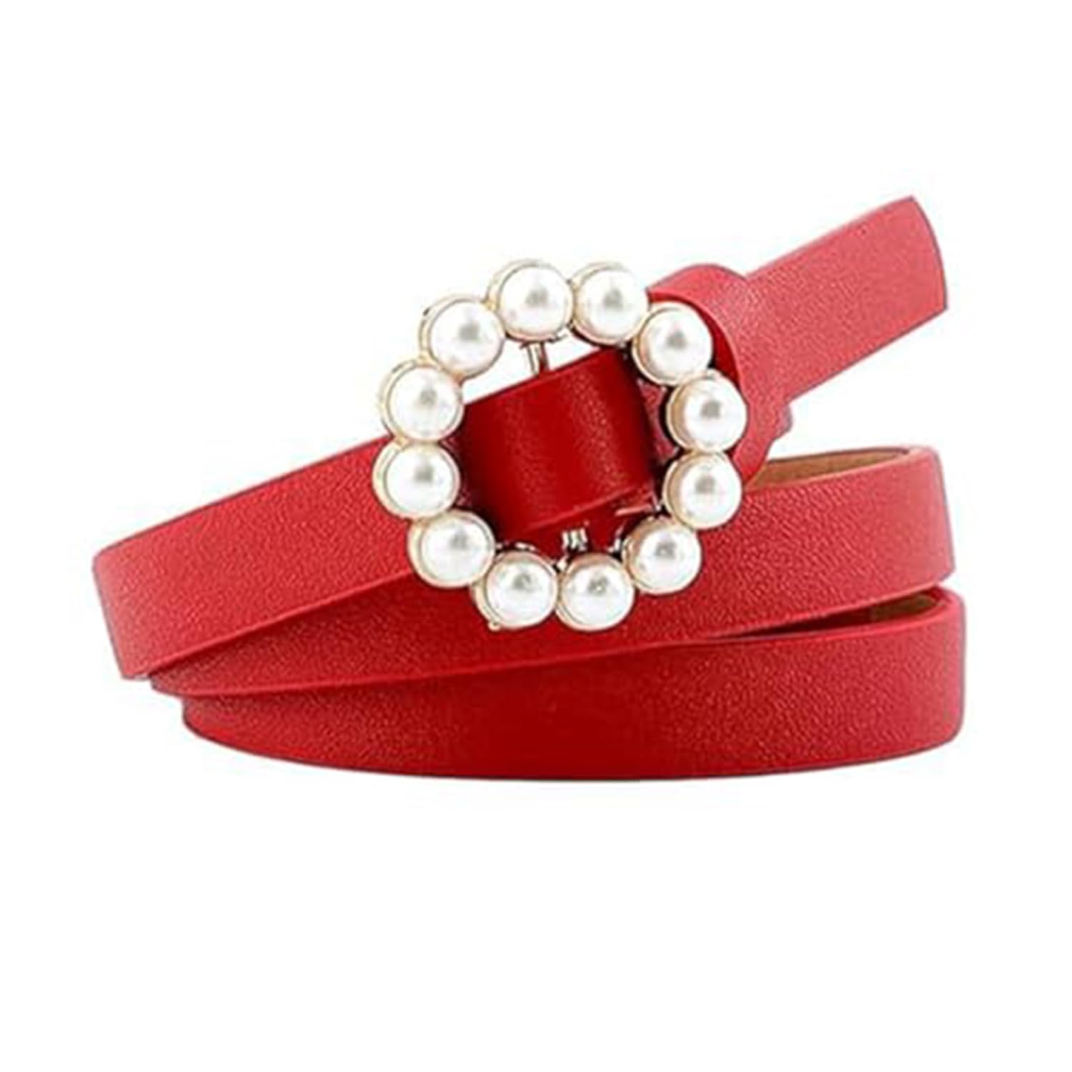 F DREAM Women's Dress Belts Fashion Pearl Decorative Belt Ladies Belt Round Pin Buckle Pearl Belts Women'S Casual Solid Pu Leather Thin Belt (Red, 34 Inch)-image-8