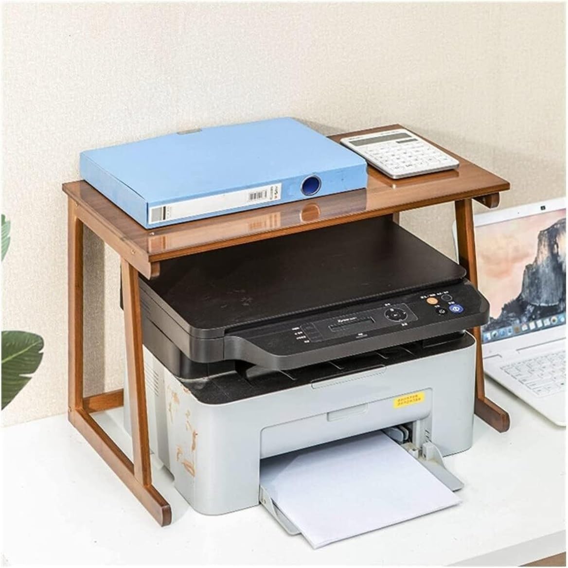 Printer Shelf Desktop Printer Stand Bamboo Desk Organizer MultiPurpose Desktop