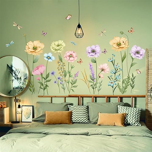 Miniatura 6 de Calcomanías de pared de flores silvestres de campo, flores de primavera, mariposa, calcomanías de pared removibles para dormitorio de niñas, sala de
