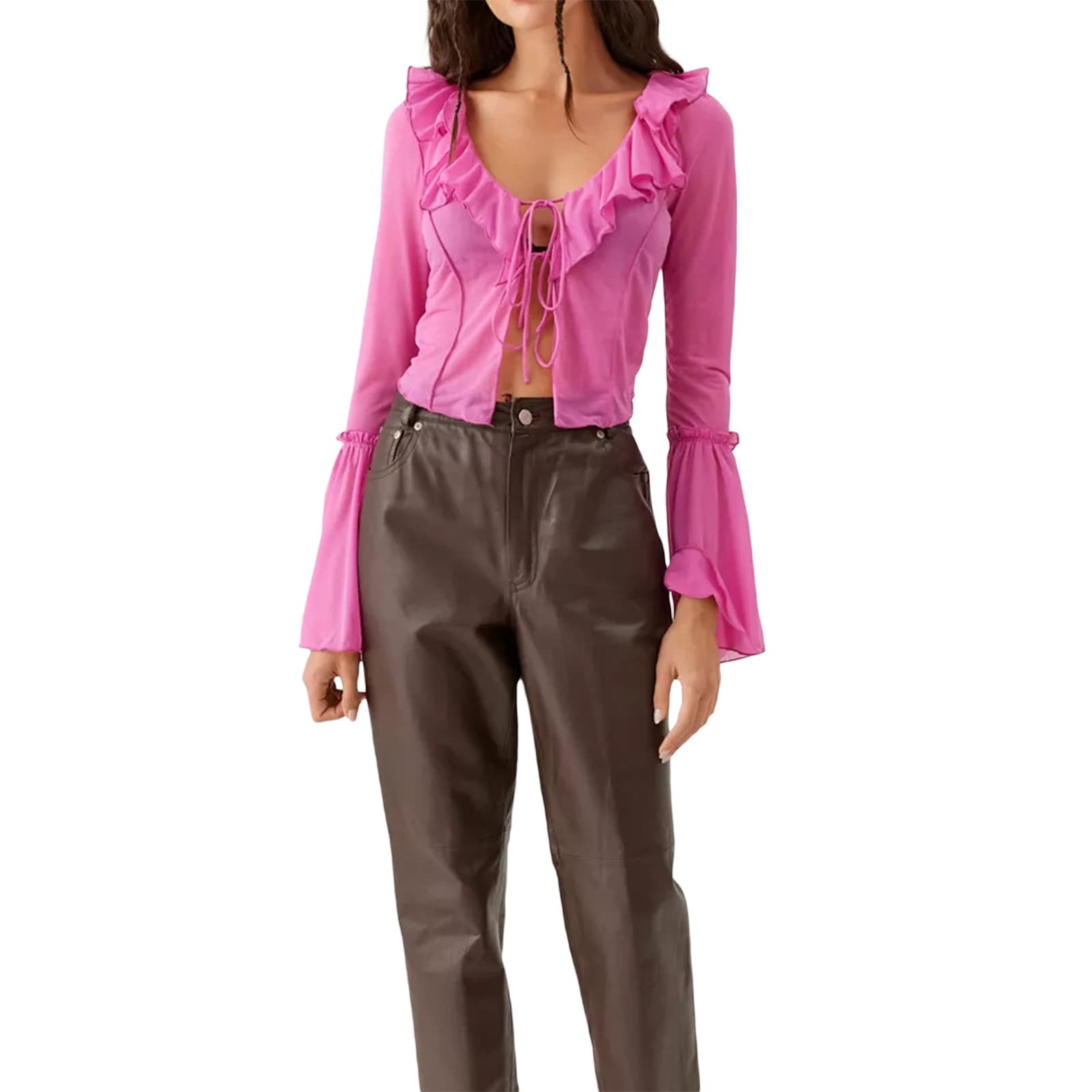 KarwuiioWomen's Lace Long Sleeve Crop Top Sexy V Neck Mesh See Through T-Shirt Blouse Streetwear