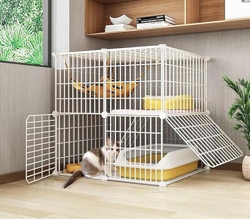 QeMiyg猫用ケージ 2段 ペットファッション キャスター付き お手入れ簡単 移動も楽々 分解可能 室内用 ペット用品 多頭飼い 逃走防止 簡単取り付け (豪華版【猫トイレ+猫用スコップ+猫のベッド+ボウル】,新型-70_45_70スペース拡大)