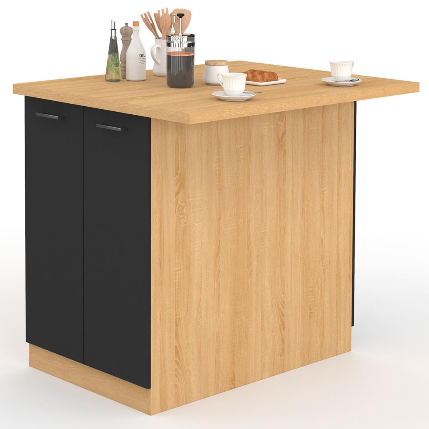 IDMarket - Ilot Central IVO 100 cm Bois façon hêtre Portes Noires avec Plan de Travail