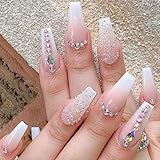 Yivaiks 24pcs glitter Press on Nails Medium Coffin Fake Nails with Glue on Nails for Women Luxurious 3D Crystal Gem Design Ballerina Pink Acrylic Nails (GD-002)