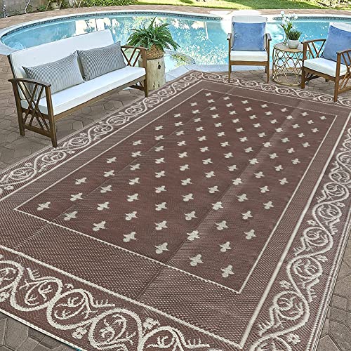 Pauwer Waterproof Outdoor Rug 9x12, Plastic Patio Rug, Bordered Brown - Image 5