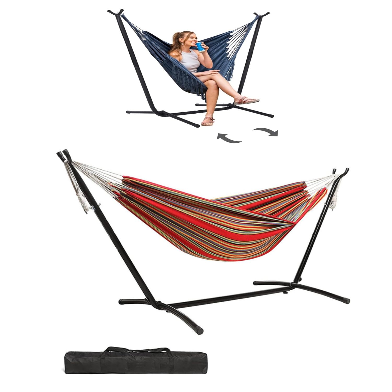 Peng General Double Cotton Hammock with Space Saving Steel Stand, with Portable Carrying Bag, Kid's Hammocks for Indoor, Outdoor, Patio, Deck, Yard, Beach (Red)