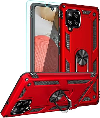 YZOK for Galaxy A42 5G Case,with HD Screen Protector,[Military Grade] Ring Car Mount Kickstand Hybrid Hard PC Soft TPU Shockproof Protective Case for Samsung A42 5G (Red)